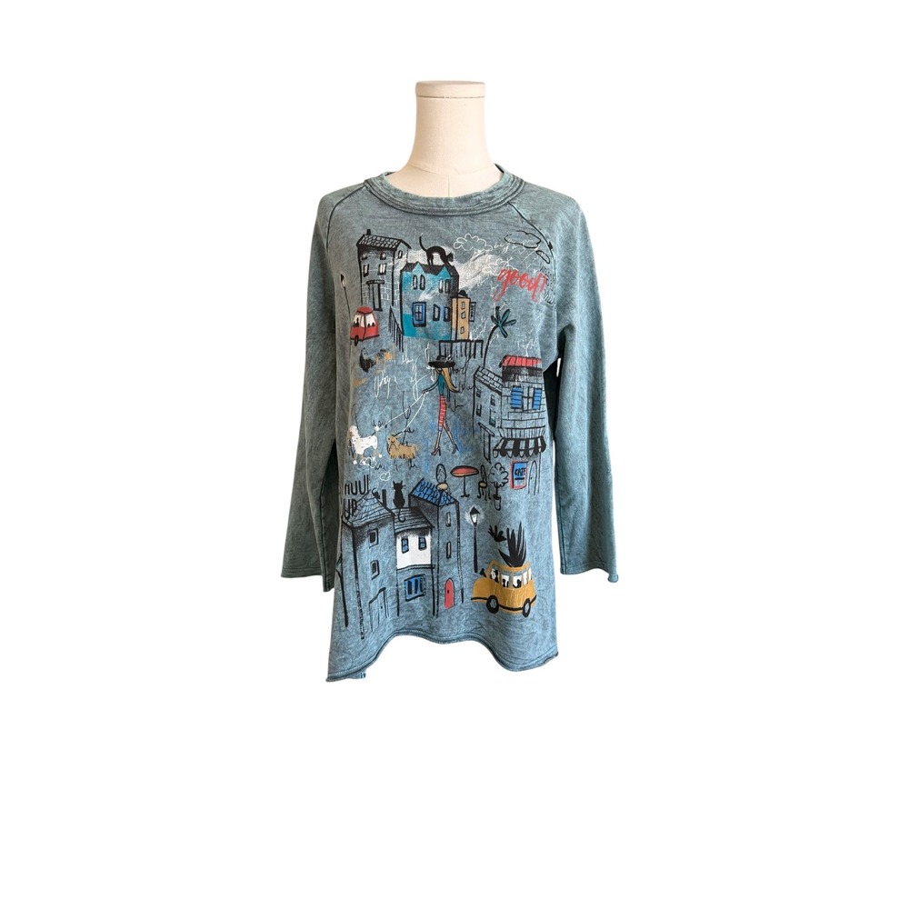 Jess & Jane Village Graphic Mineral Wash Cotton Sweatshirt Teal Blue Small